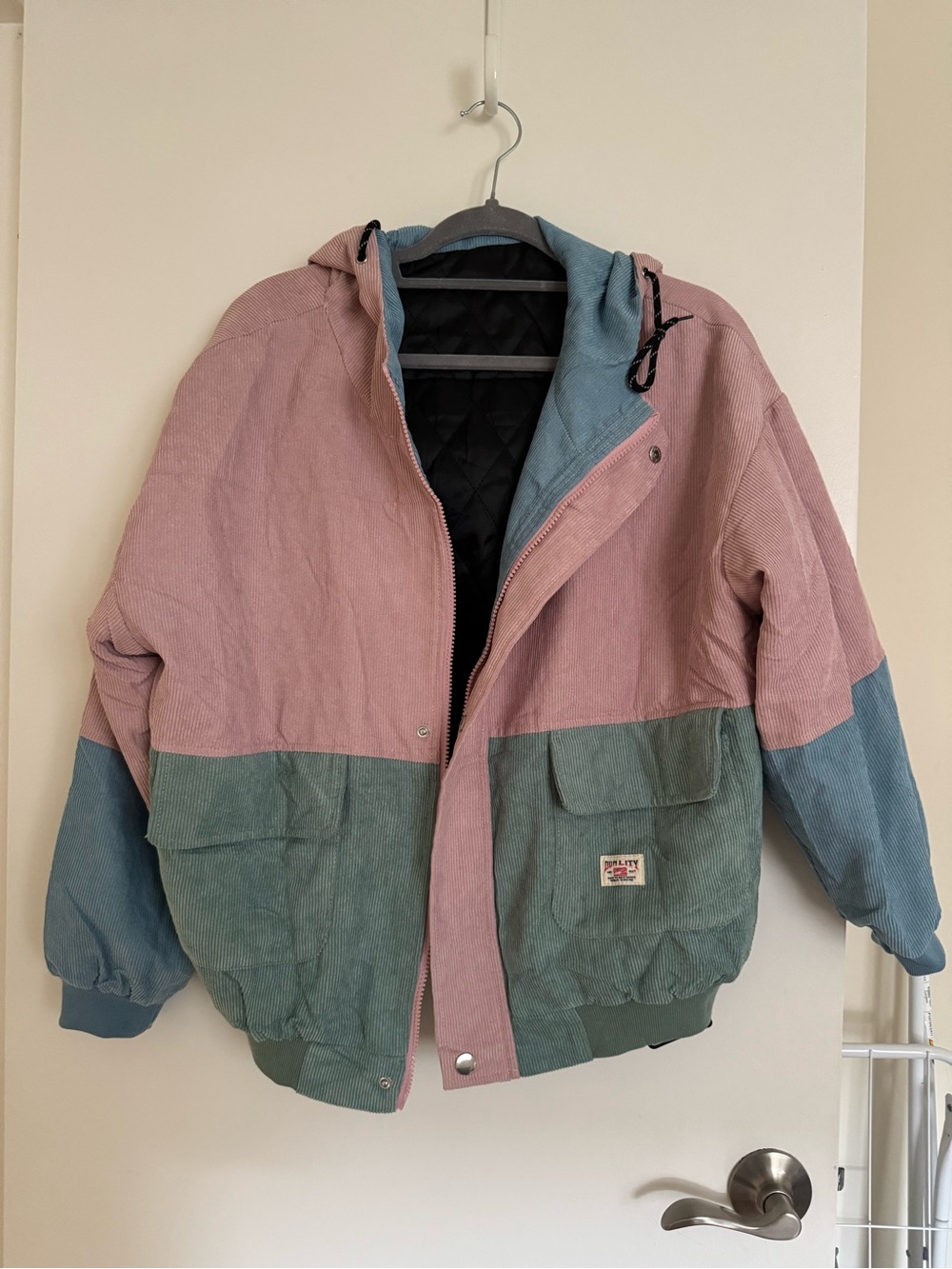 Colorblock Corduroy Hooded Jacket — Pink, Green, Blue